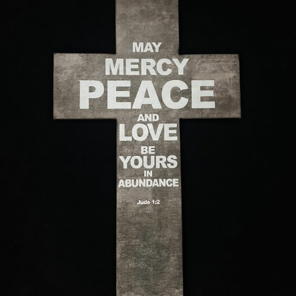 Decorative Cross Wall Art with 'Peace and Love' Text - Gray & White